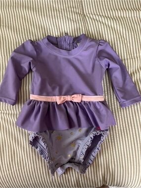 Ruffle Butts Purple Long-Sleeve Peplum One-Piece Swimsuit with Pink Bow